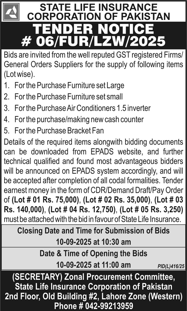 State Life Insurance Corporation of Pakistan Lahore Tender Notice